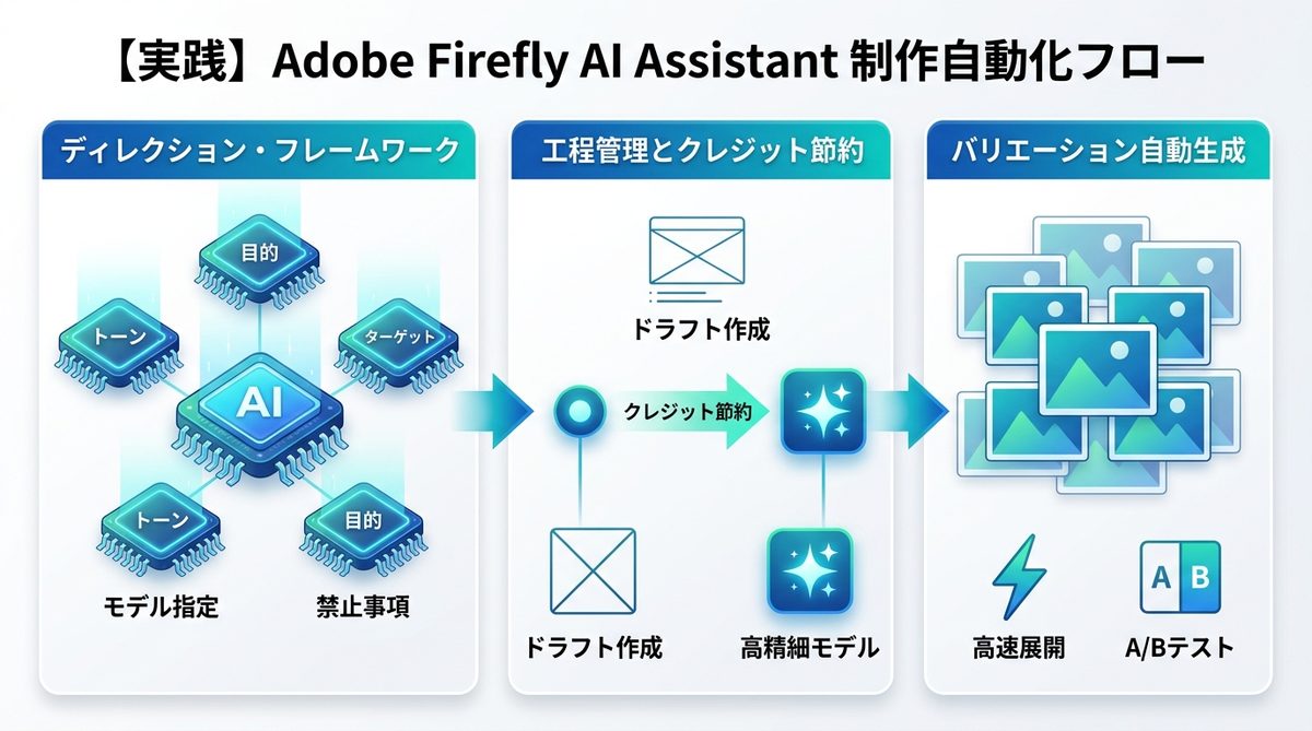 図解：【実践】Adobe Firefly AI Assistantによる制作自動化フロー