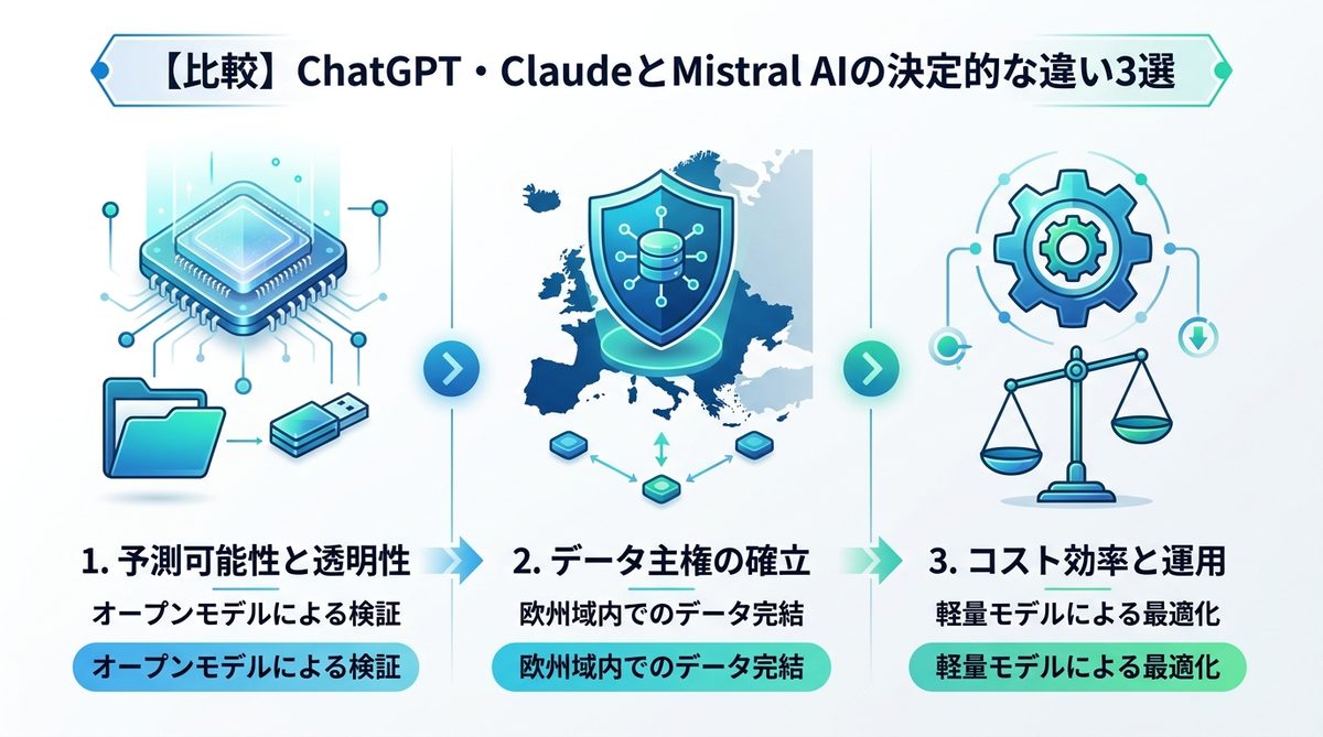 図解：【比較】ChatGPT・ClaudeとMistral AIの決定的な違い3選