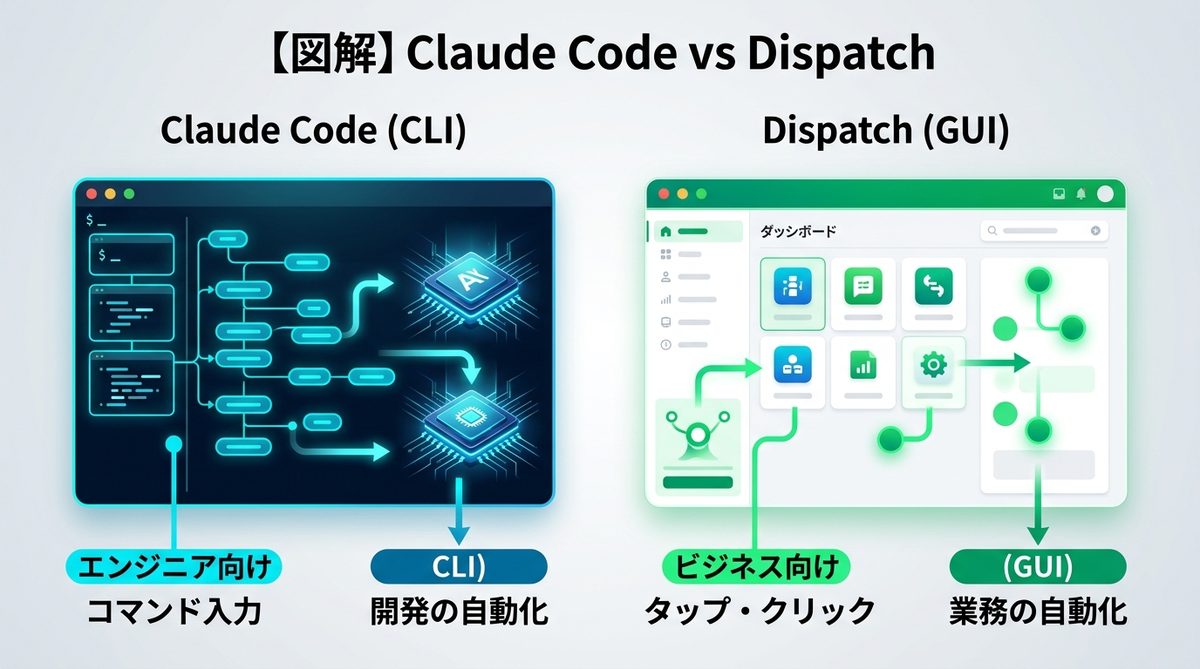 図解：【図解】Claude Code（CLI）とDispatch（GUI）の決定的な違い