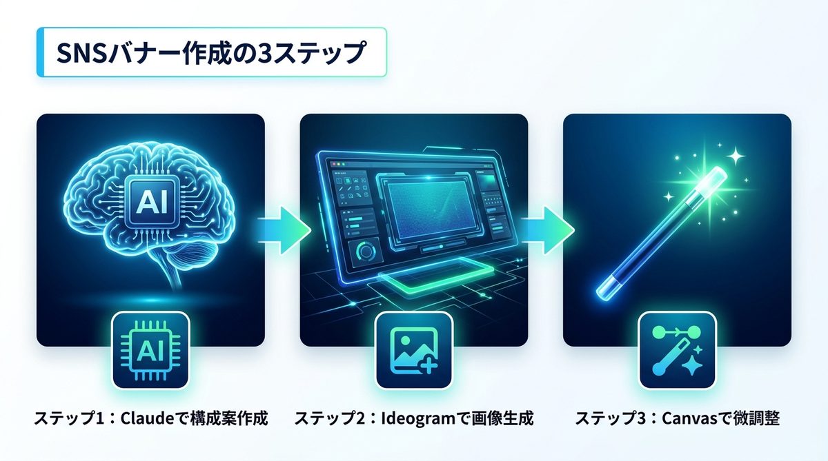 図解：【実演】ClaudeとIdeogramを組み合わせた「SNSバナー作成」の3ステップ