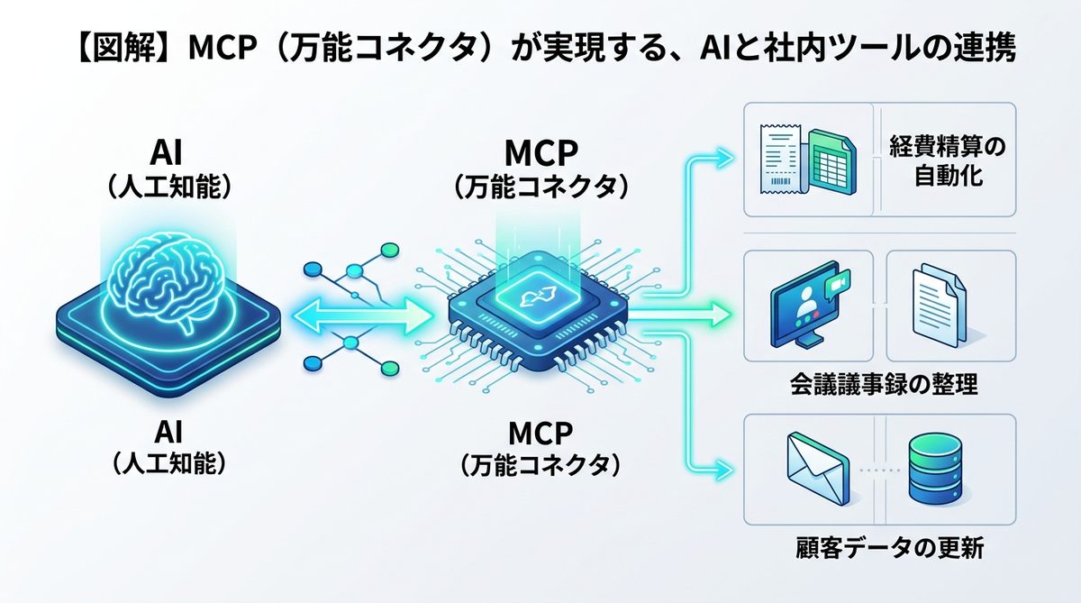 図解:【図解】MCP(万能コネクタ)が実現する、AIと社内ツールの連携