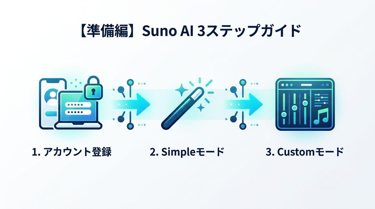 図解:【準備編】Suno AIのアカウント作成から初生成までの3ステップ