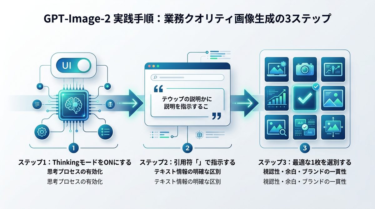 図解：【実践手順】GPT-Image-2で業務クオリティの画像を生成する3ステップ