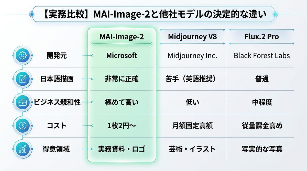 図解：【実務比較】MAI-Image-2と他社モデルの決定的な違い