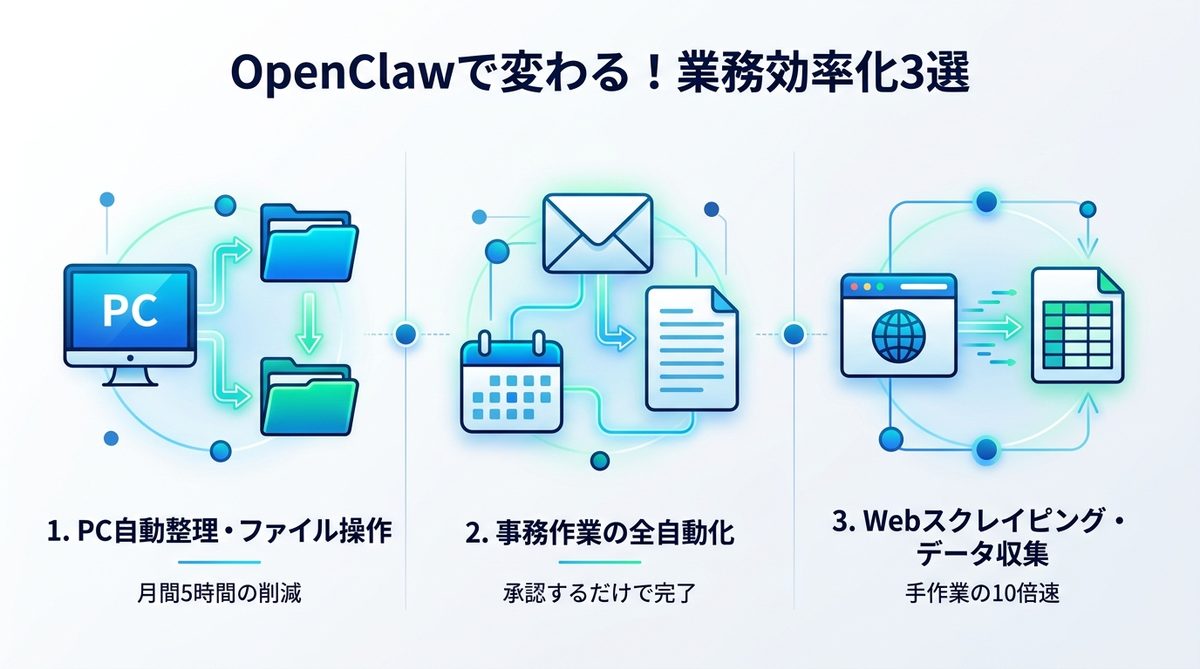 図解：【活用事例】OpenClawで変わる！ビジネス現場の業務効率化3選