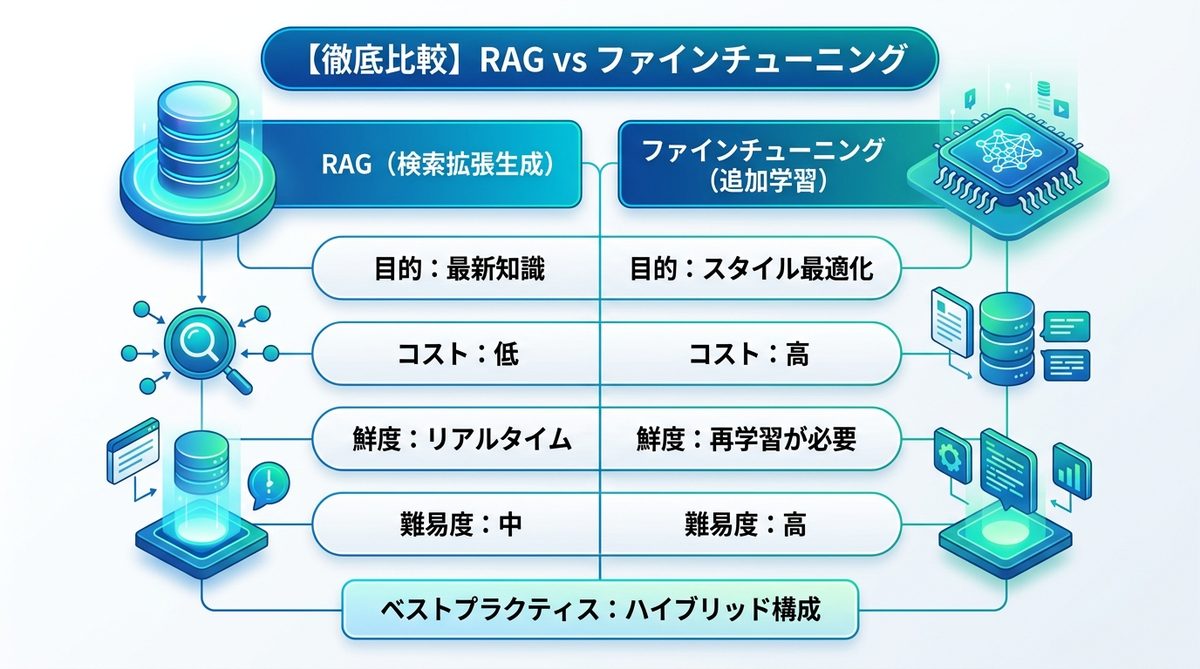 図解：【徹底比較】RAG vs ファインチューニング｜AIエージェントの知識補完戦略