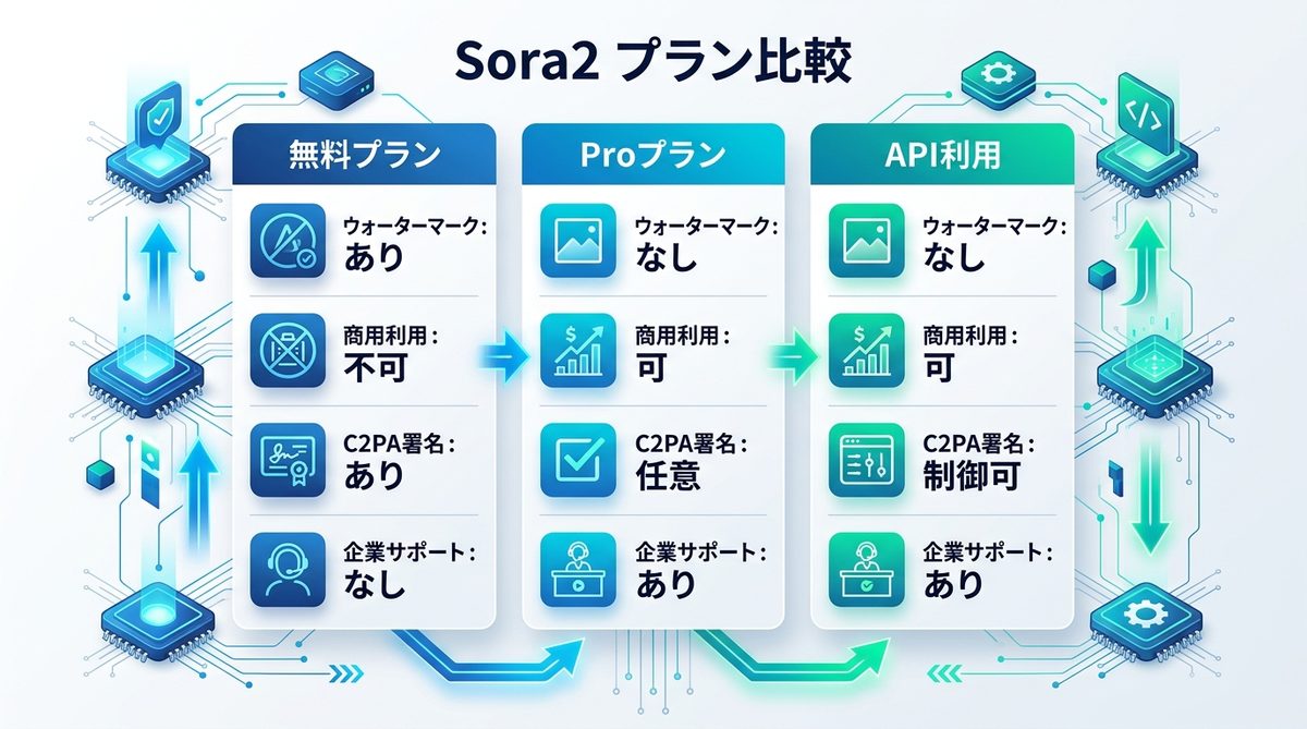 図解：【比較検証】Sora2の各プランにおける商用利用とウォーターマーク仕様