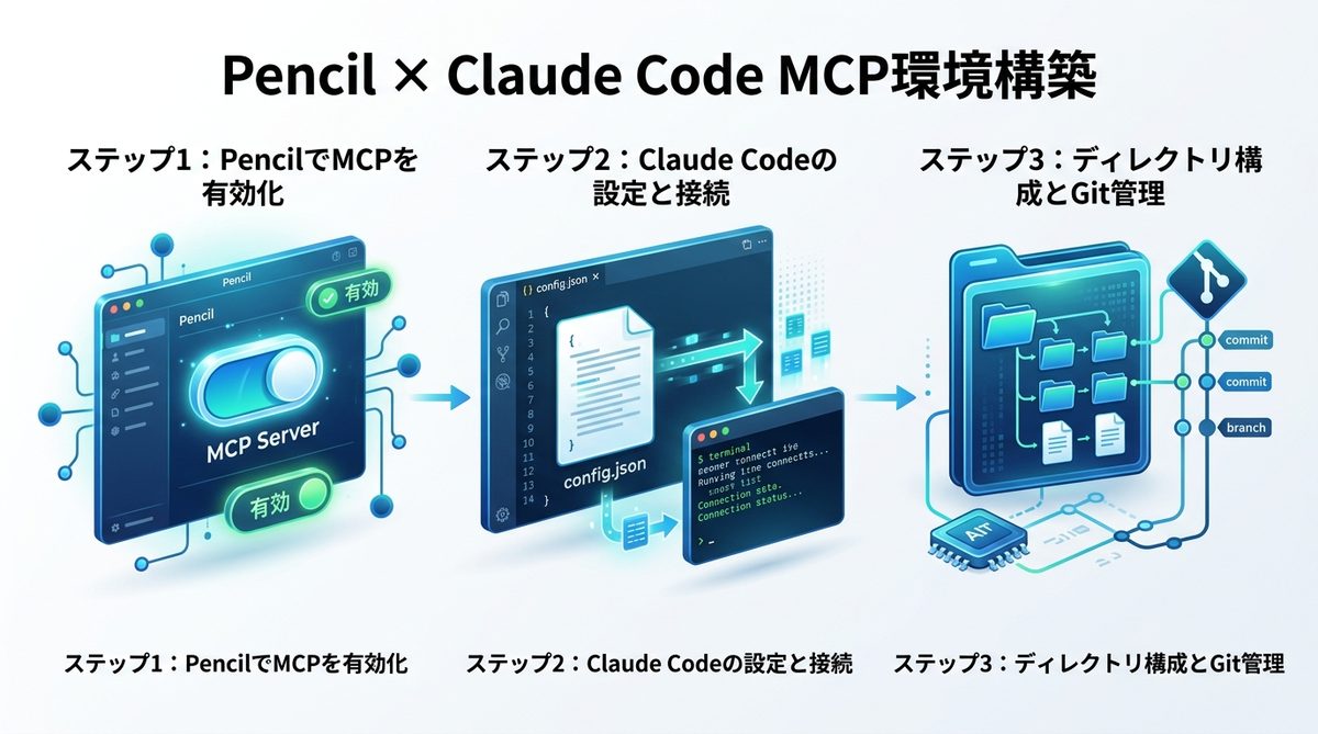 図解：【完全ガイド】PencilとClaude Codeを連携させるMCP環境構築の3ステップ