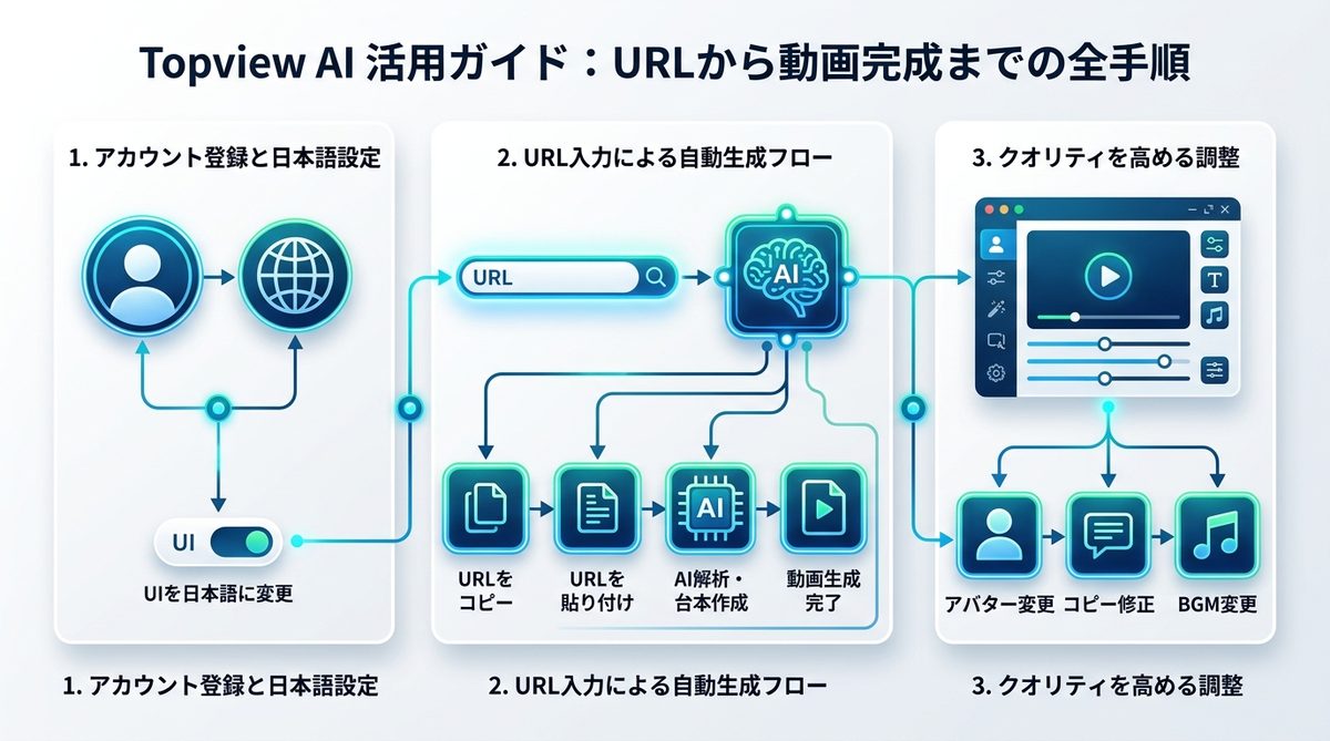 図解:【ステップ別】Topview AIの使い方は?URL入力から動画完成までの全手順