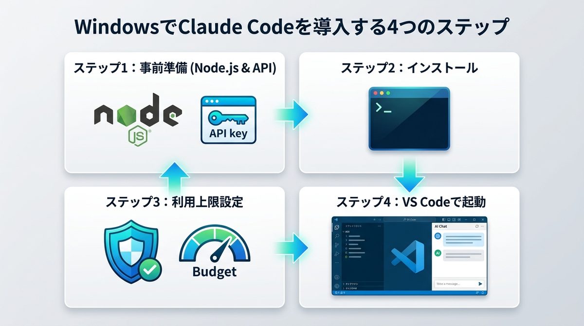 図解：【完全ガイド】WindowsでClaude Codeを導入する4つのステップ