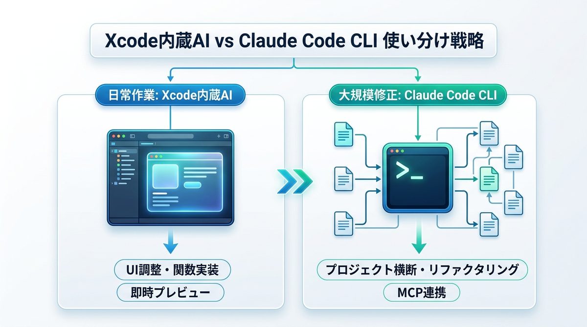 図解:【完全ガイド】Xcode内蔵AIとClaude Code CLIの使い分け戦略