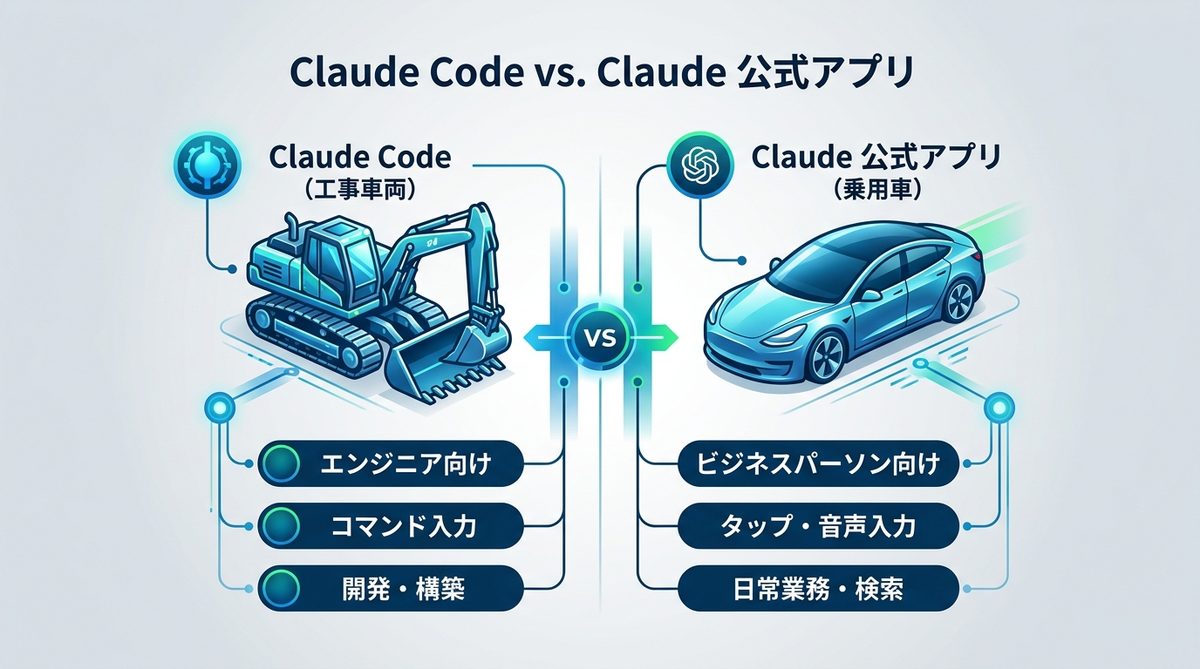 図解：なぜ別物なのか？Claude Codeと公式アプリを「乗り物」で例える