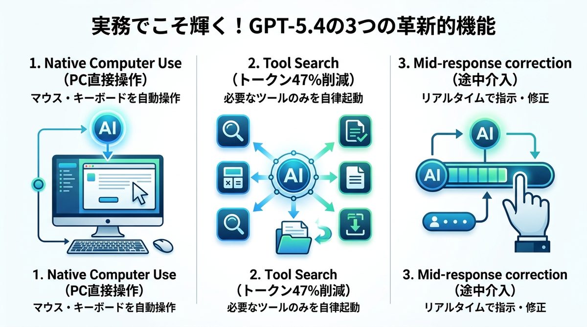 図解：実務でこそ輝く！GPT-5.4の「3つの革新的機能」を徹底解剖