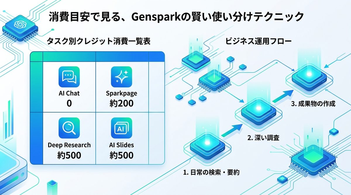 図解：消費目安で見る、Gensparkの賢い使い分けテクニック
