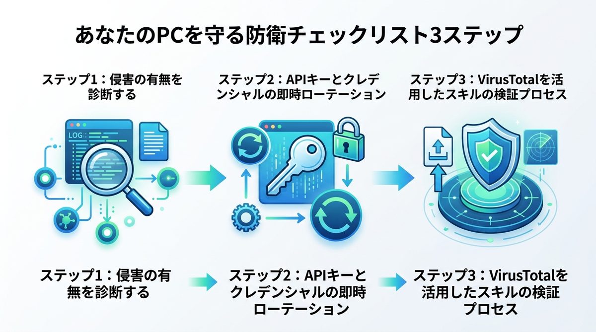 図解：【実践】あなたのPCを守る防衛チェックリスト3ステップ
