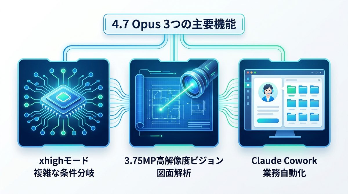 図解：【実務で差がつく】4.7 Opusの能力を最大化する3つの主要機能
