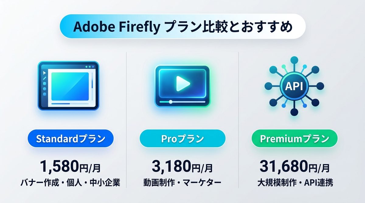 図解：自社に最適なのは？Adobe Fireflyプラン別の比較とおすすめな人