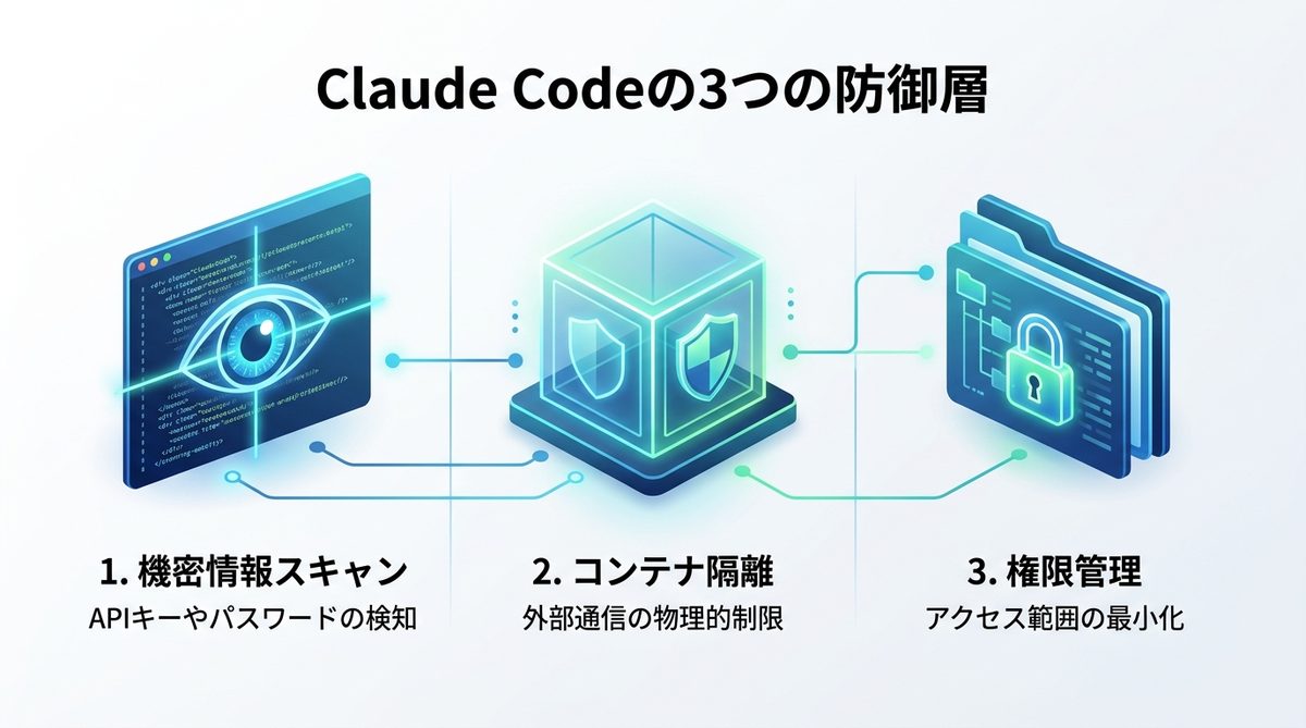 図解:導入前に確認すべきClaude Codeの3つの防御層