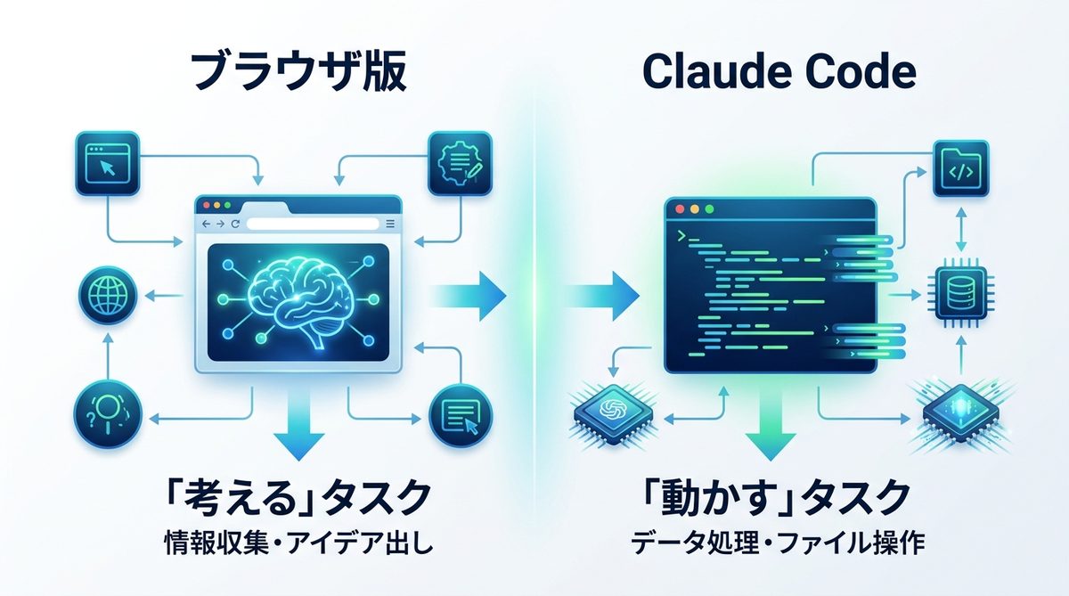 図解：【比較表】ブラウザ版Claude vs Claude Code：どっちを使うべき？