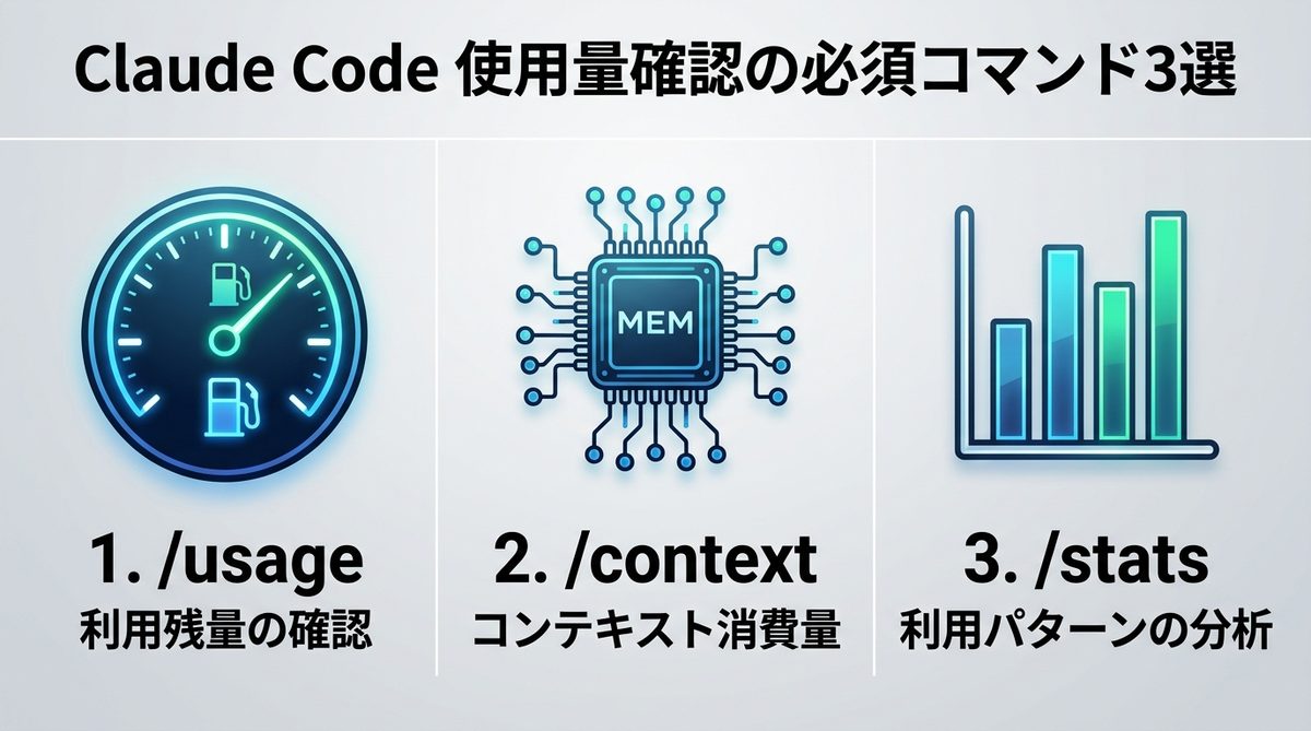 図解:【実用編】作業を止めない!Claude Code使用量確認の必須コマンド3選