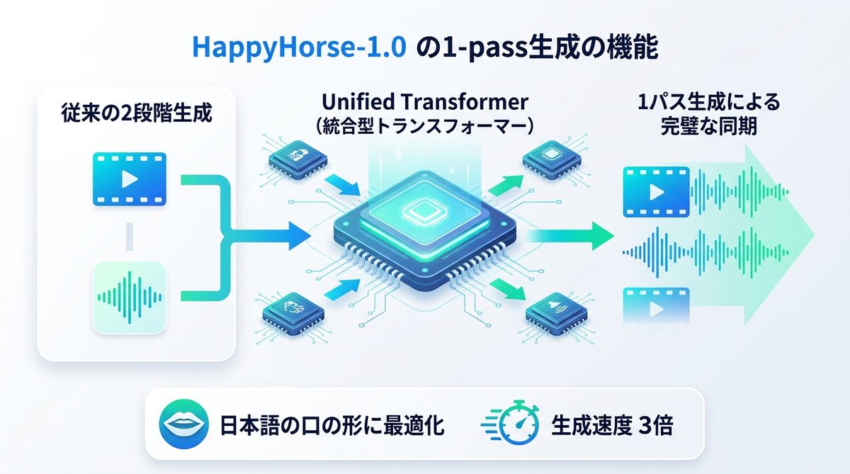 図解：なぜ「音ズレ」が起きない？HappyHorse-1.0が実現する「1パス生成」の仕組み