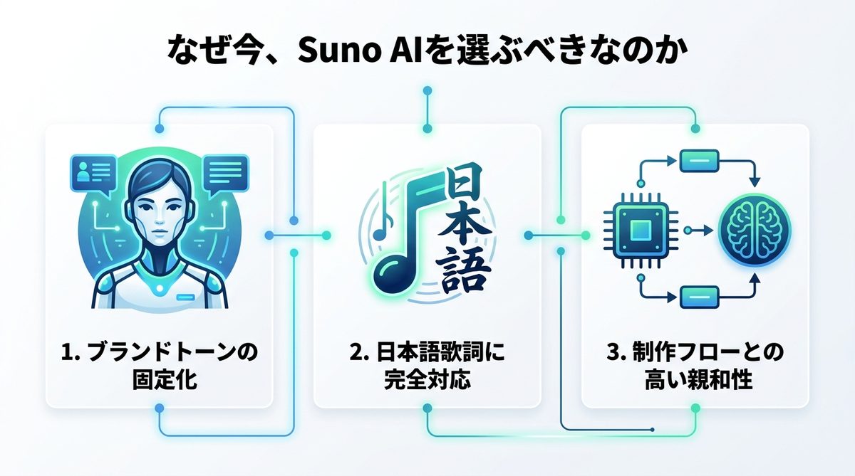 図解：なぜ今、ビジネスパーソンがSuno AIを選ぶべきなのか3つの理由