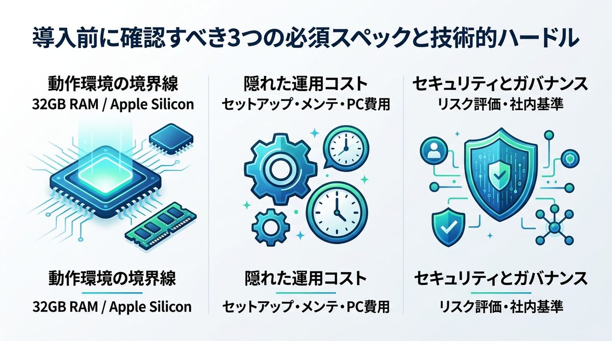 図解：【環境構築】導入前に確認すべき3つの必須スペックと技術的ハードル
