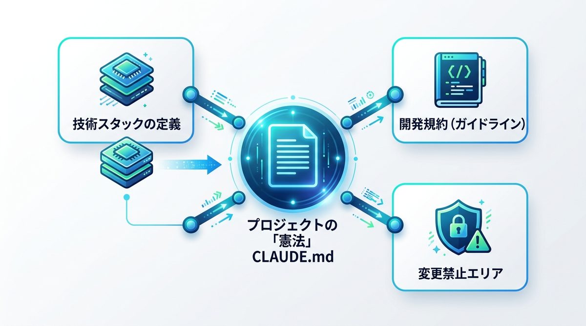図解:プロジェクトの「憲法」を作る!CLAUDE.mdの活用ルール