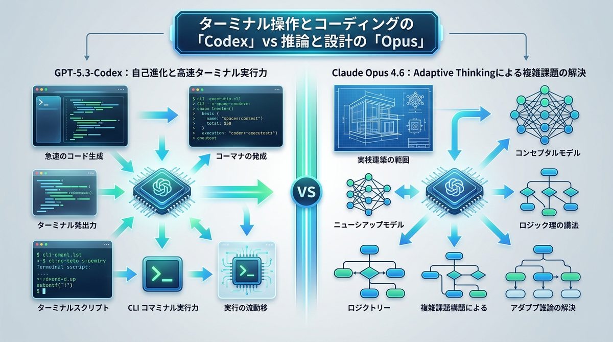 図解：ターミナル操作とコーディングの「Codex」vs 推論と設計の「Opus」