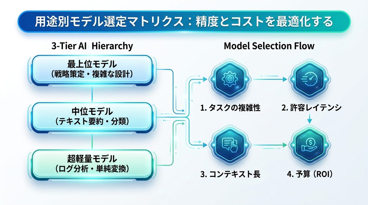 図解：【意思決定】用途別モデル選定マトリクス：精度とコストを最適化する