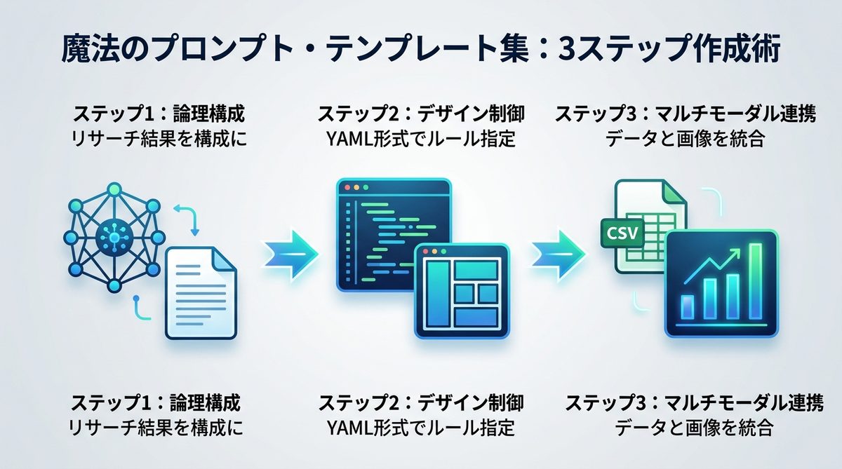 図解：【実践】魔法のプロンプト・テンプレート集：3ステップ作成術