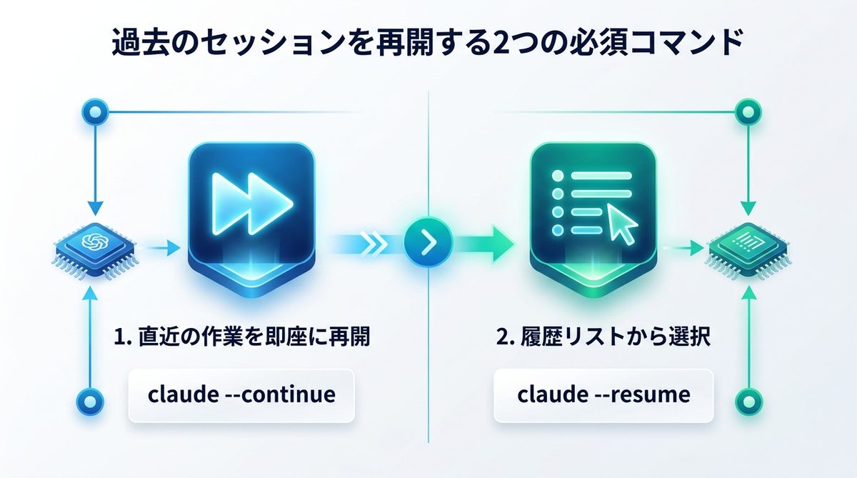 図解:作業を中断しても安心!過去のセッションを再開する2つの必須コマンド
