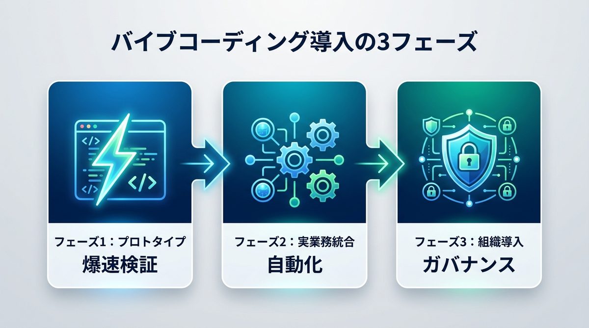 図解：【導入判断基準】組織としてバイブコーディングを導入する3つのフェーズ