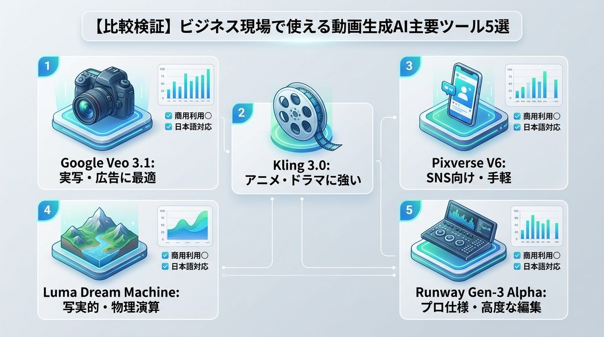 図解：【比較検証】ビジネス現場で使える動画生成AI主要ツール5選