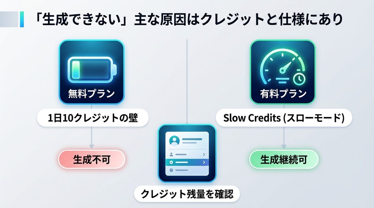 図解：それでも動かない？「生成できない」主な原因はクレジットと仕様にあり