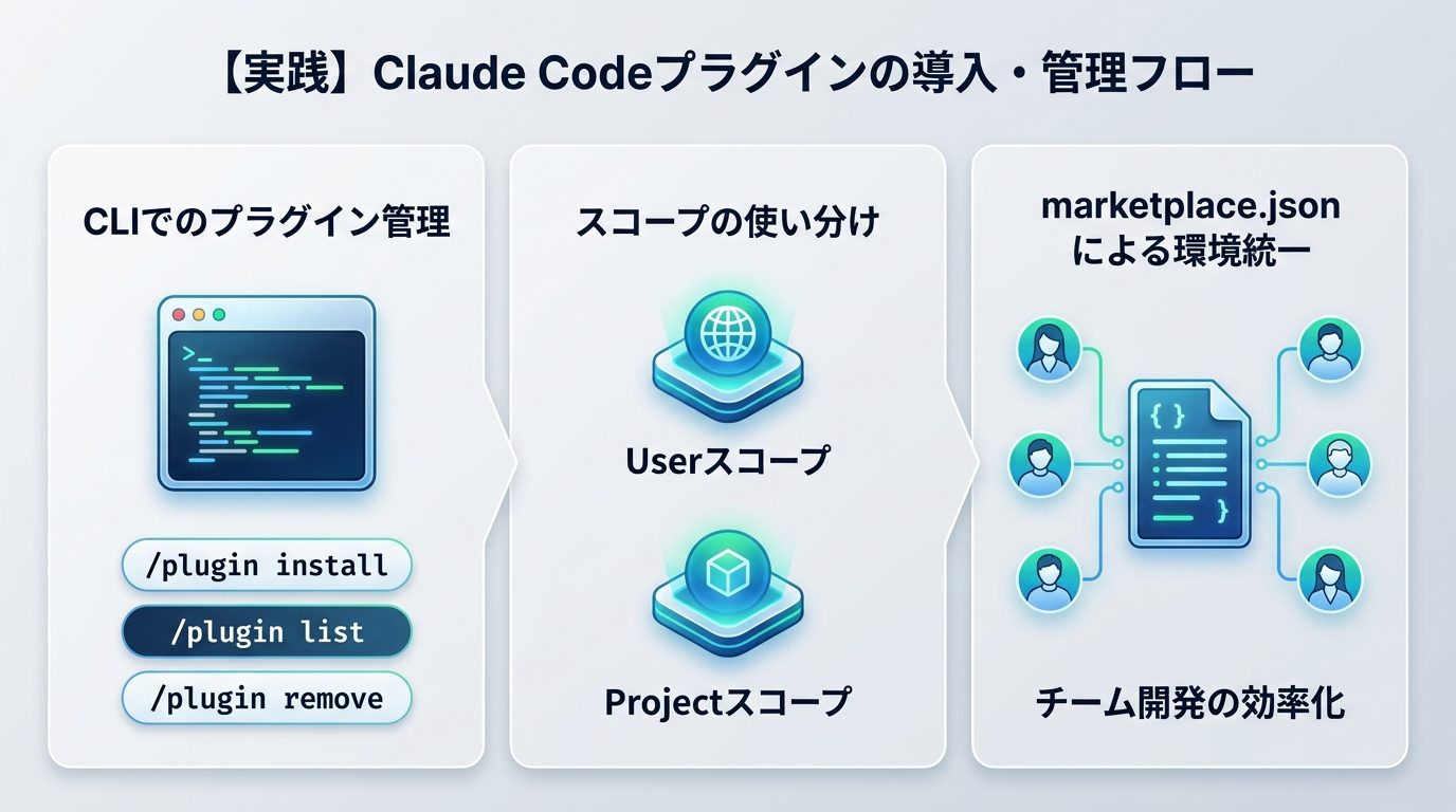 図解：【実践】Claude Codeプラグインの導入・管理フロー