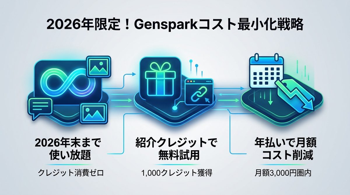 図解：2026年限定！GensparkでAI利用コストを最小化する3つの戦略