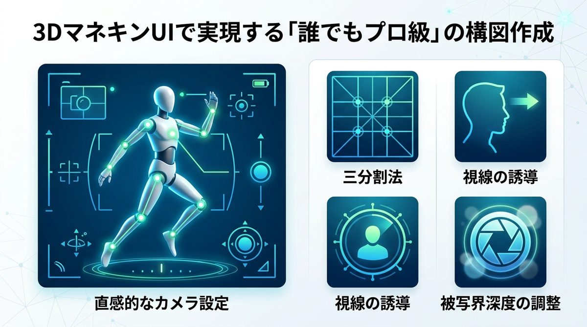 図解：3DマネキンUIで実現する「誰でもプロ級」の構図作成