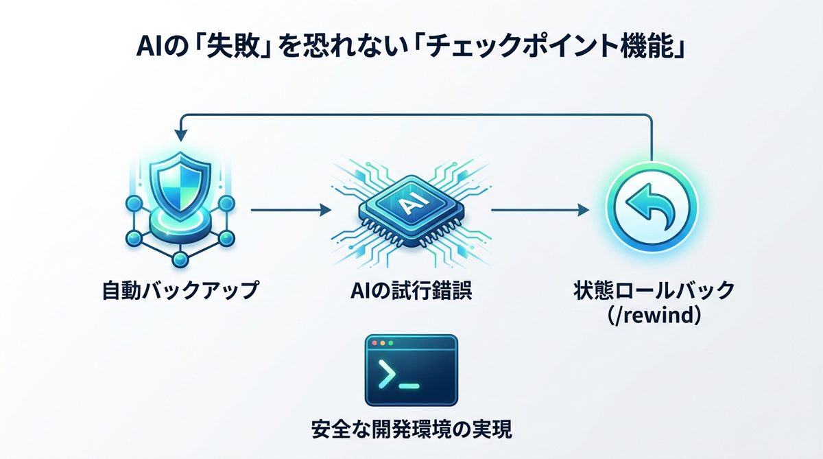 図解:AIの「失敗」を恐れないための「チェックポイント機能」活用術
