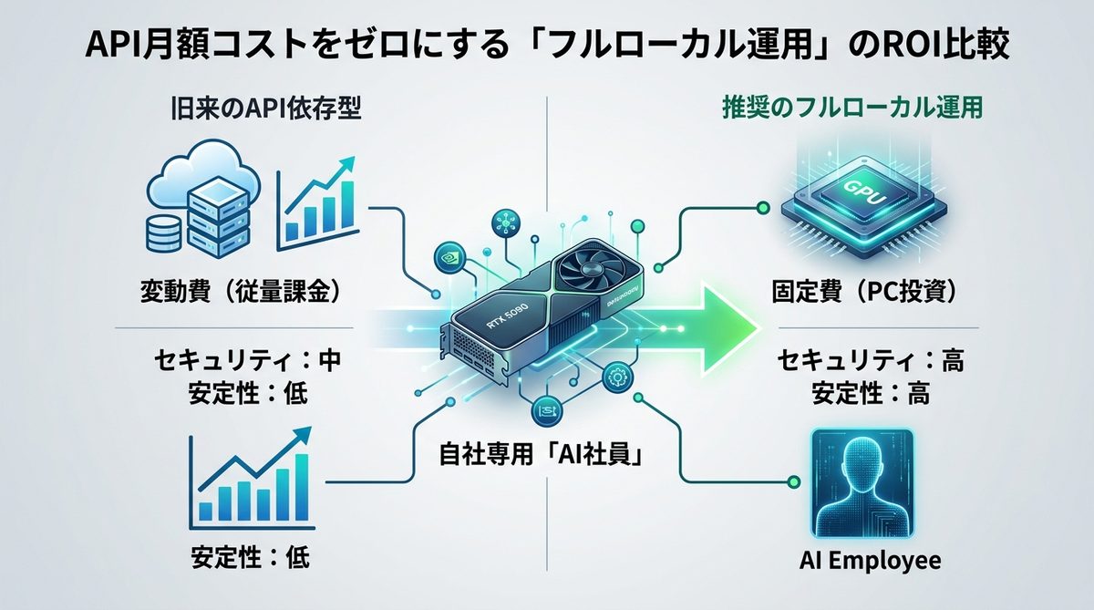 図解：API月額コストをゼロにする「フルローカル運用」のROI比較
