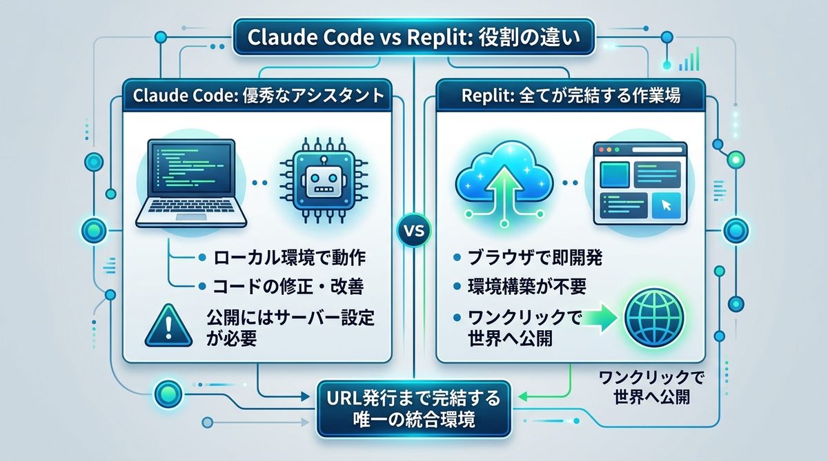 図解：Claude Codeとの違いを比較！Replitは「作業場」、AIは「アシスタント」