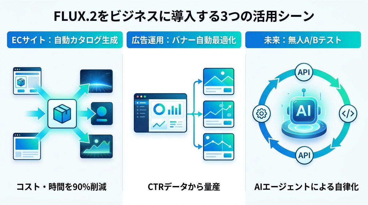 図解：FLUX.2をビジネスに導入する3つの活用シーン