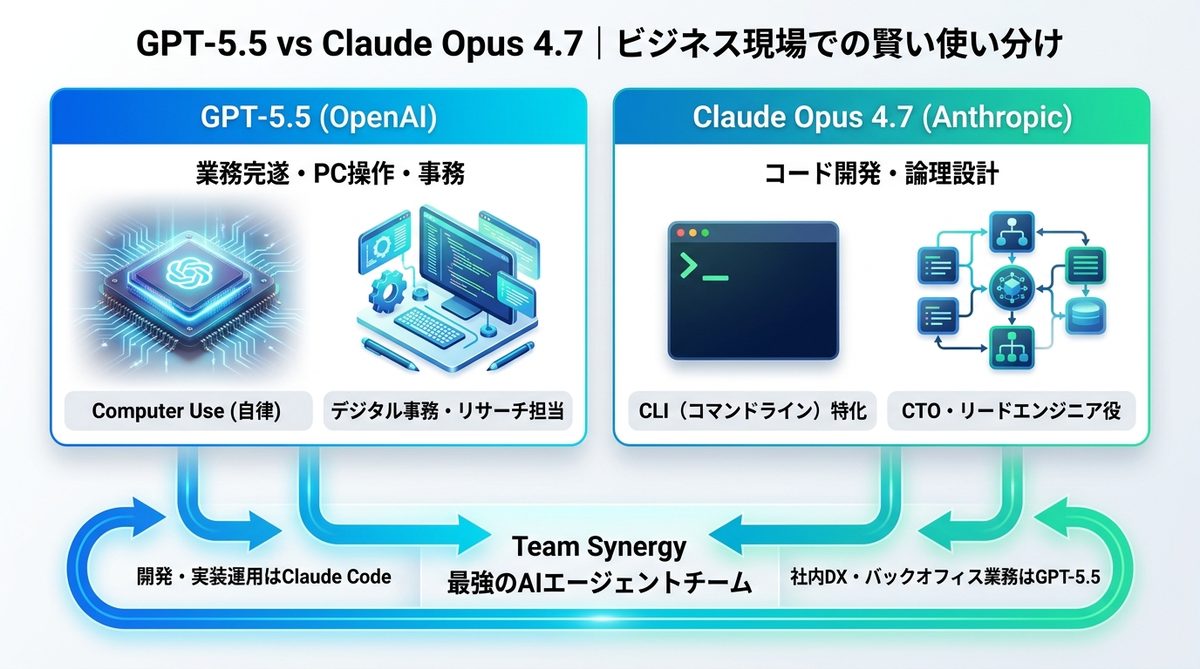 図解：GPT-5.5 vs Claude Opus 4.7｜ビジネス現場での賢い使い分け