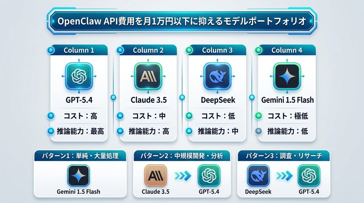 図解：OpenClaw API費用を月1万円以下に抑えるモデルポートフォリオ