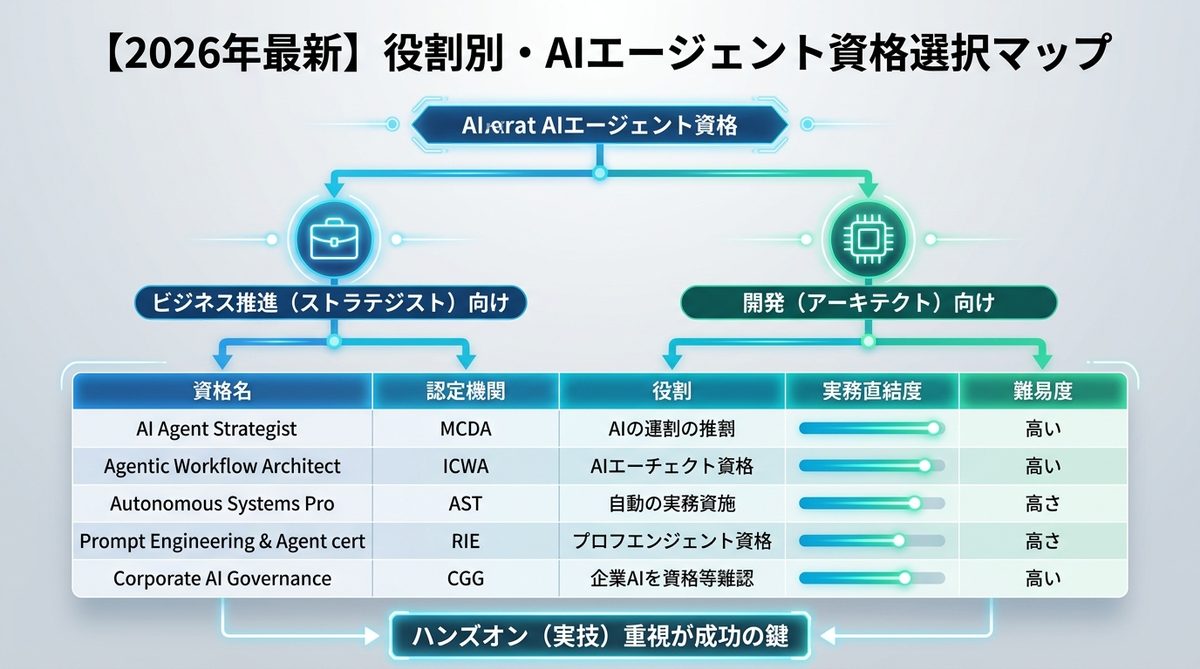 図解:【2026年最新】役割別・AIエージェント資格選択マップ