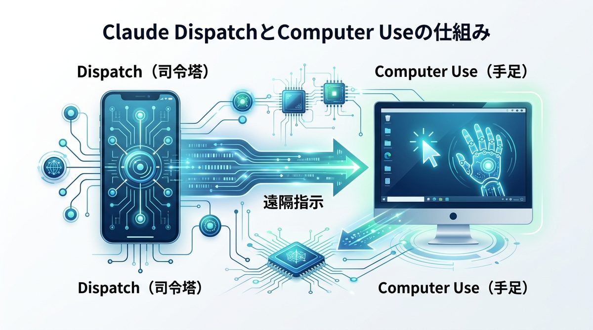 図解：【図解】Claude DispatchとComputer Useの仕組み｜「手足」と「司令塔」の関係