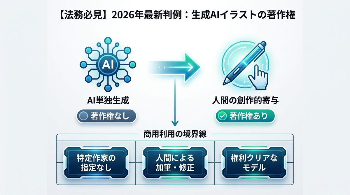 図解：【法務必見】2026年最新判例に基づく「生成AIイラスト」の著作権リスク