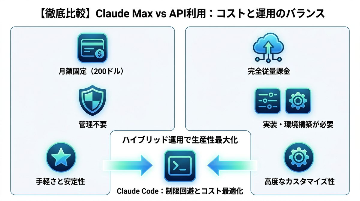 図解：【徹底比較】Claude Max vs API利用：コストと運用のバランス