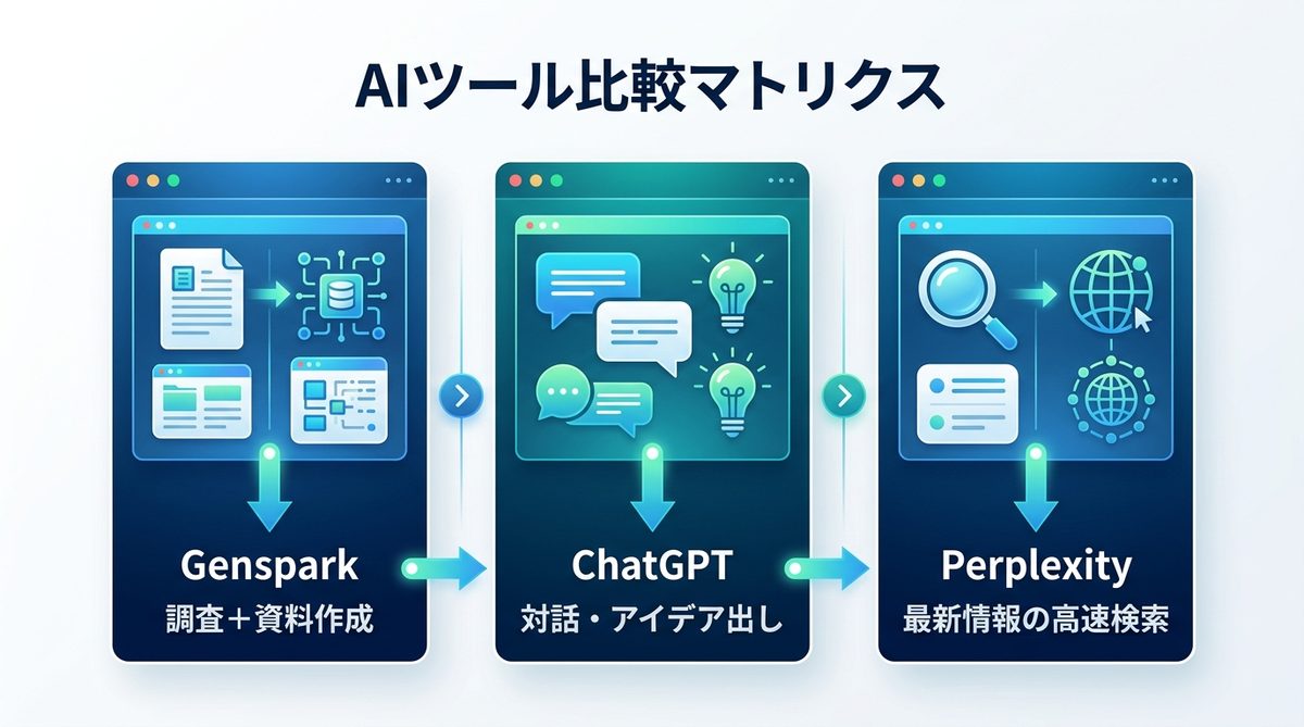 図解：【徹底比較】GensparkとChatGPT・Perplexityの明確な使い分け