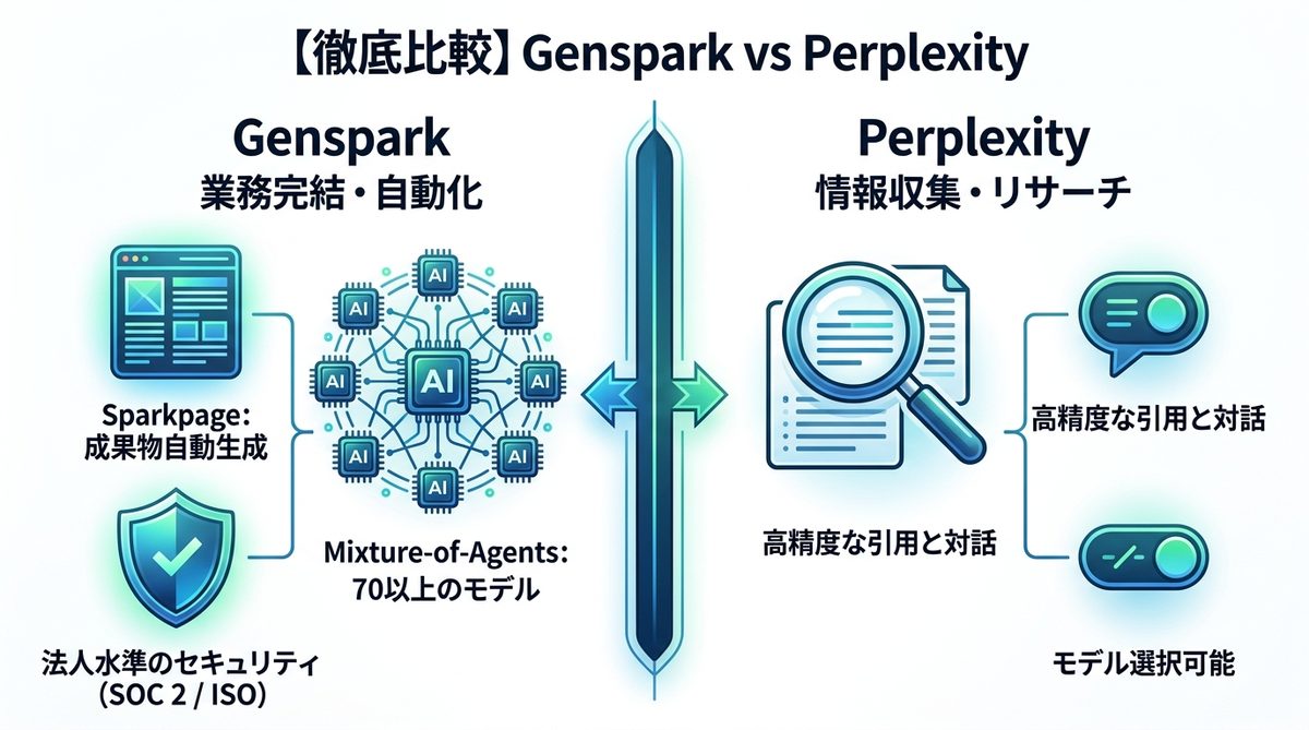 図解：【徹底比較】Genspark vs Perplexity｜「調べ物」か「業務完結」か